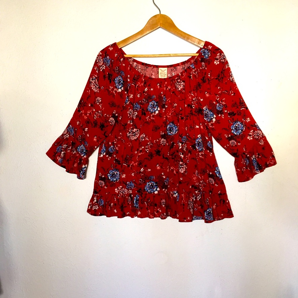 Faded Glory Floral Red Blouse with Ruffle Sleeves and Hem